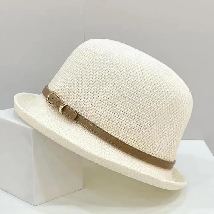 WTEMPO Hollow-out Summer Wide Brim Outdoor Travel Beach Hats Women Solid Color Casual Versatile Breathable Sun Hats with Belt