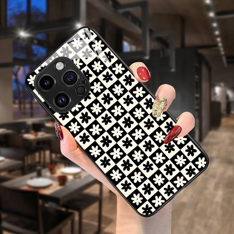 Korean ins checkerboard flower apple 17pro glass phone case iphone12 niche premium retro 16pm