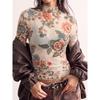 Camiseta de Malla de Manga Larga Ajustada para Mujer Estampado de Flores Top Sexy