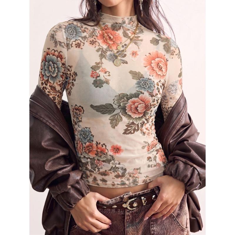Camiseta de Malla de Manga Larga Ajustada para Mujer Estampado de Flores Top Sexy
