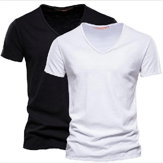 2 PC Summer Men'S New Solid Color Bamboo Cotton V-Neck Short Sleeved Pure Cotton T-Shirt