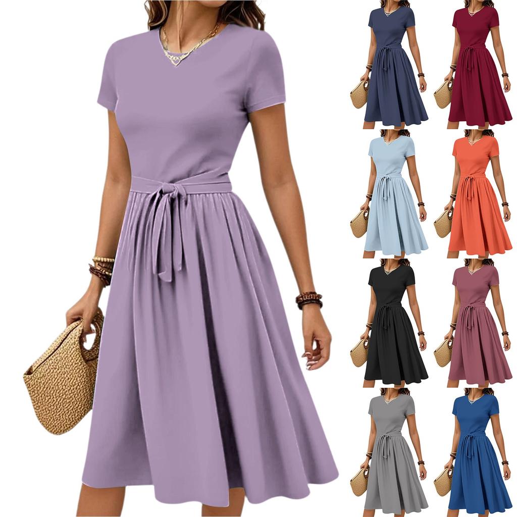 Dámské ležérní módní šaty s páskem, s květinovým potiskem, s krátkým rukávem, s kulatým výstřihem, elegantní