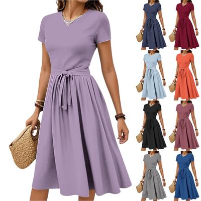Women's Casual Fashion Belted Floral Print Short Sleeve Round Neck Elegant Dress