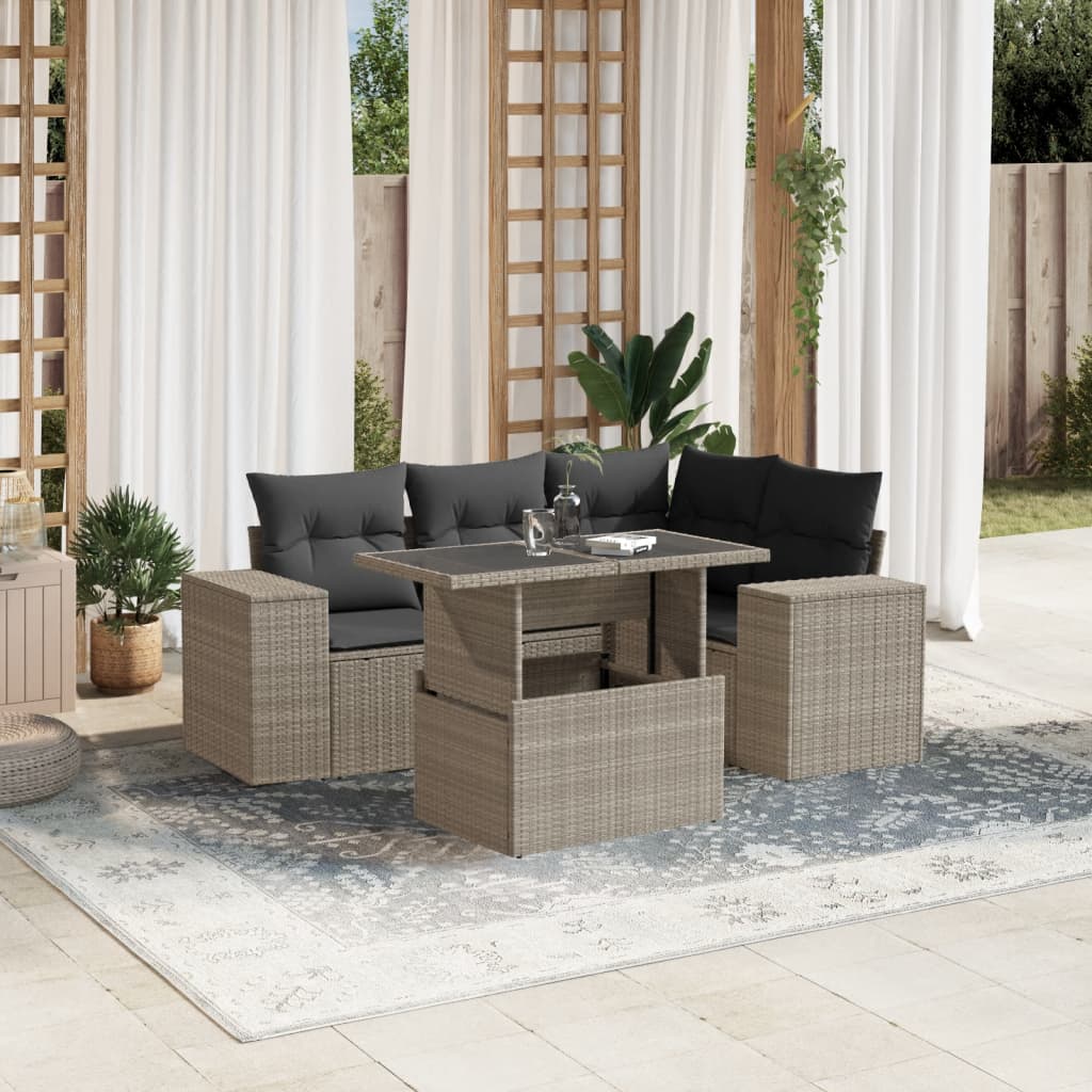 Vidaxl 5-Cz. Garden Furniture Set, Cushions, Light Grey PE Rattan