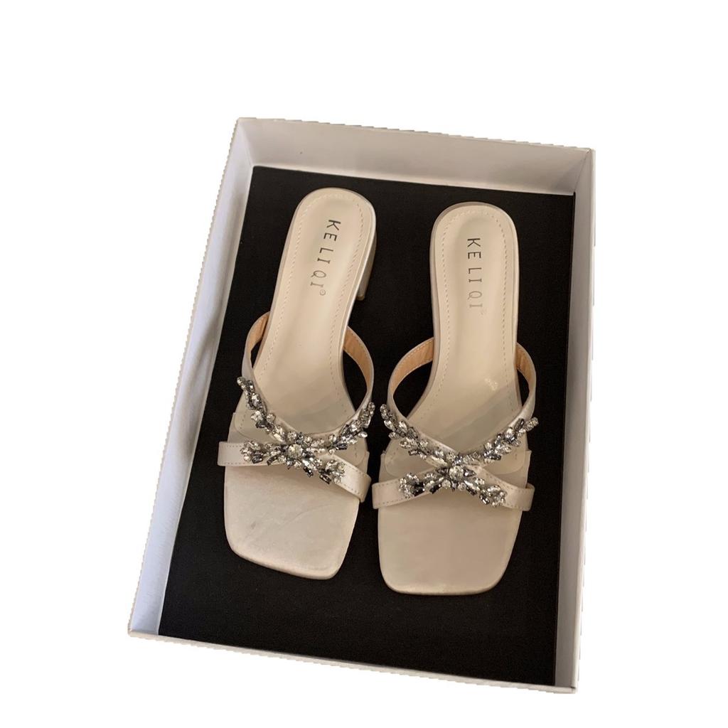 Fairy style silver cool slippers outer wear 2025 summer new middle heel square head French with skirt sandals women's shoes