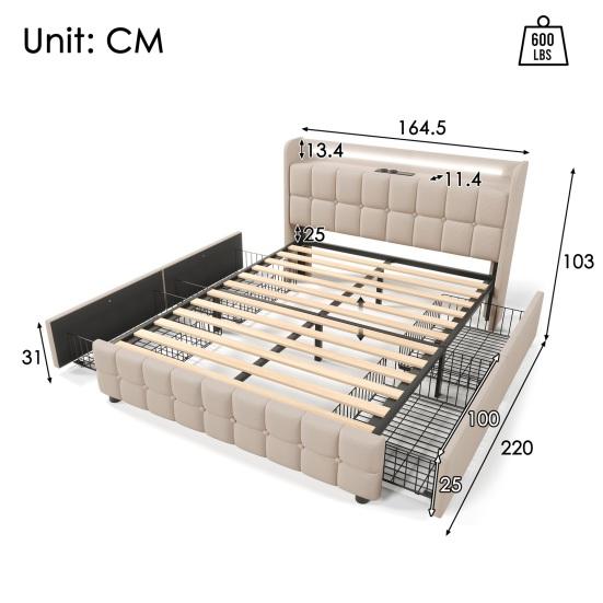 Soft Cushion Headboard Upholstered Bed with 2/4 Drawers USB Charging LED Light Metal Basket Strong Wood Slat Support Bed Bedroom