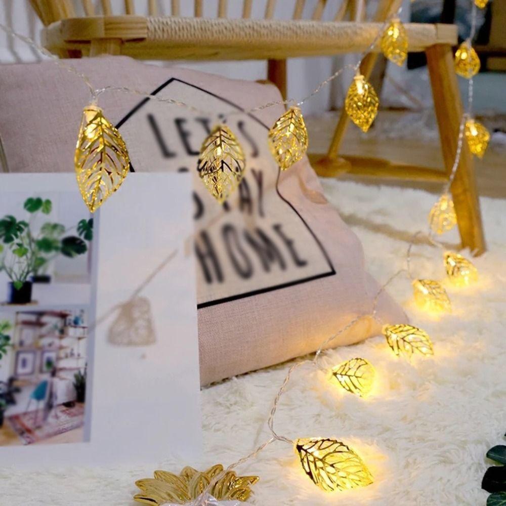 Warm White LED Decorative Lamp Hollow Design Golden Metal Leaf Decorative Lights Battery Operated Shaped Design LED String Light