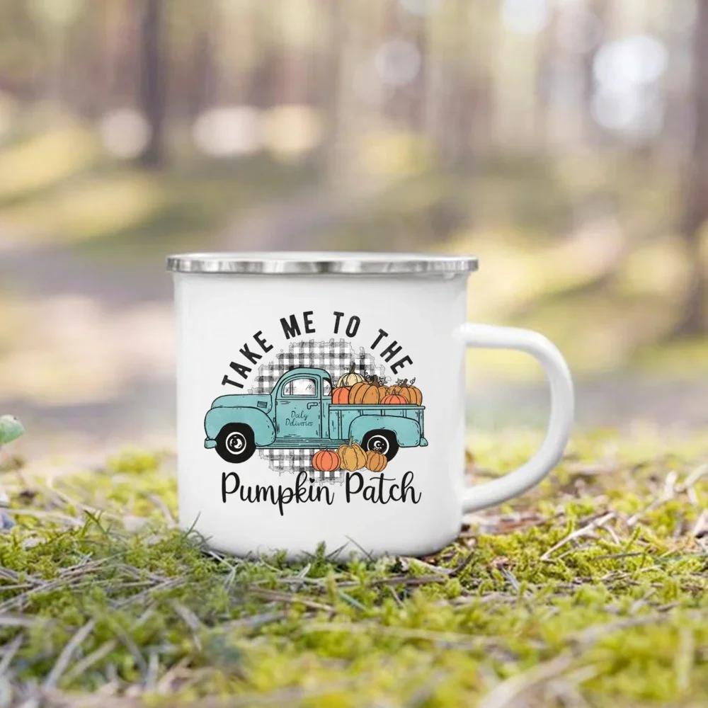 

Take Me To The Pumpkin Patch Printed Enamel Mugs Coffee Cups Thanksgiving Party Juice Mug Cocoa Handle Cup Fall Holiday Gifts 360ml