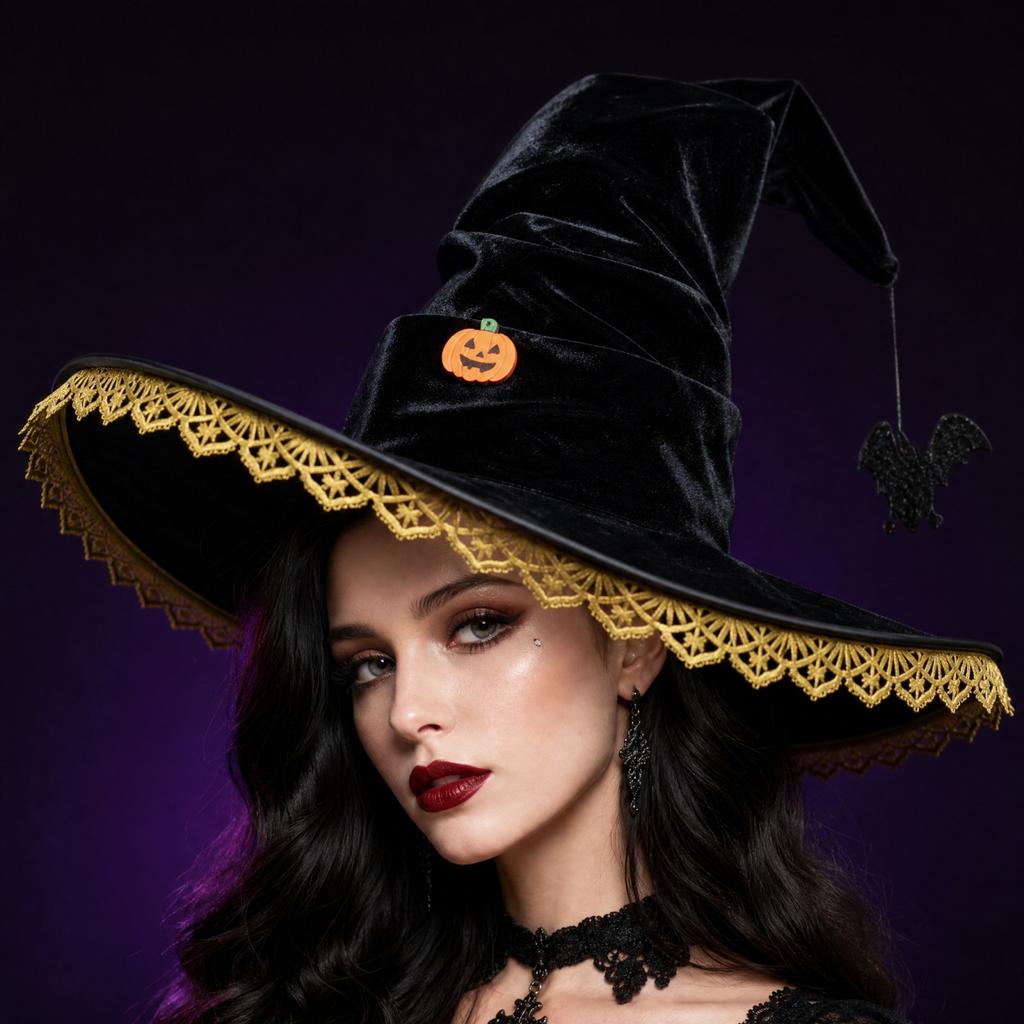 Ruffled Witch Hat with Decor for Halloween Costume