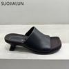 Fashion SUOJIALUN 2025 Summer New Brand Women Slipper Fashion Square Toe Slip On Ladies Elegant Slides Square Med Heel Casual Sandal Sho