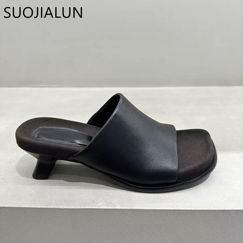 Fashion SUOJIALUN 2025 Summer New Brand Women Slipper Fashion Square Toe Slip On Ladies Elegant Slides Square Med Heel Casual Sandal Sho