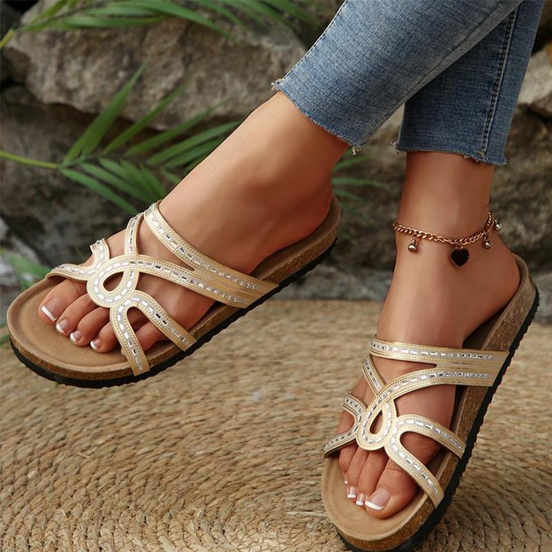 Fashion Summer Crystal Flat Slippers for Women 2025 Comfortable Soft Bottom Slides Woman Pu Plus Size Women Slippers