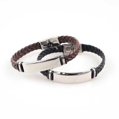 Pulseira Punk Masculina de Aço Inoxidável e Couro Trançado