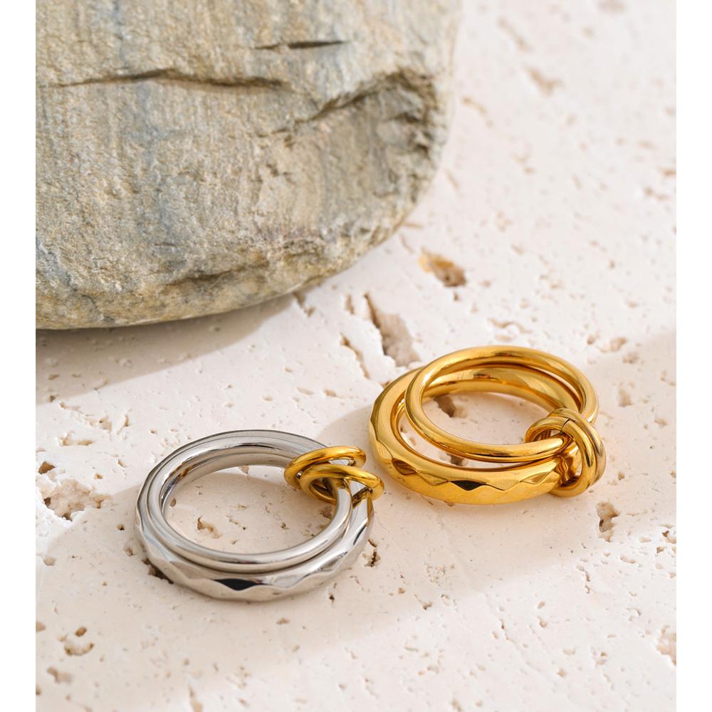Yhpup Size 678910 Stainless Steel Double Circle Finger Ring Wholesale High Quality Metal PVD Plated Casual Fashion Jewelry Gift