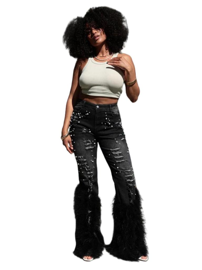 High Waist Distressed Pearl Feather Embellished Jeans