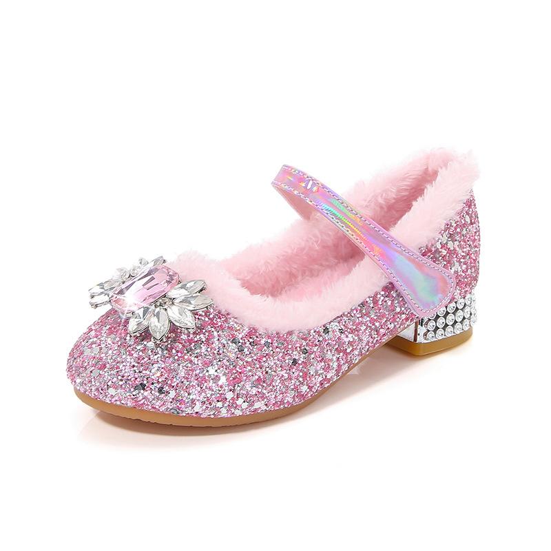 

Girls shoes for autumn and winter, new plush-lined Elsa princess shoes, baby girls crystal shoes, little girls high heels, for older children 23 розовый
