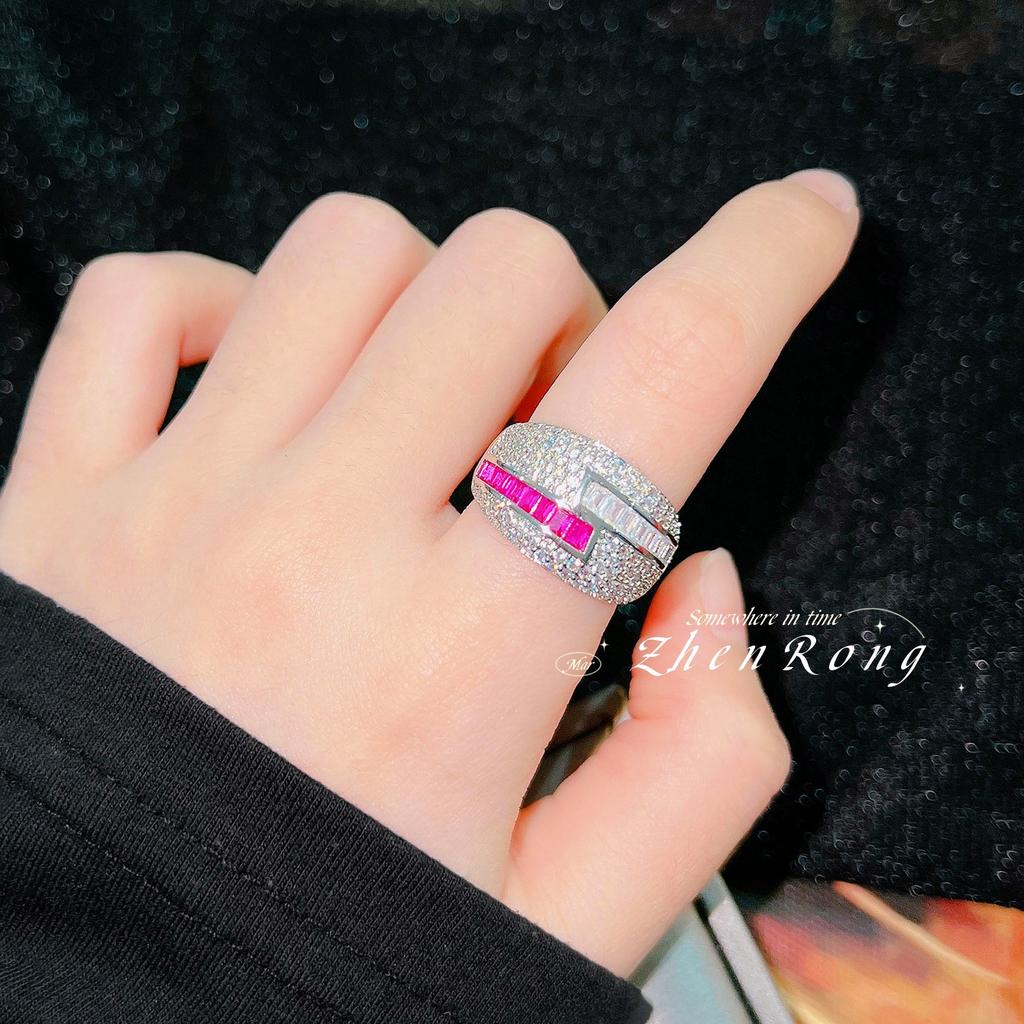 Luxury Open Ring Women High Carbon Diamond Red Ruby Blue Spinel Wedding Band Unique Design Fashion Jewelry