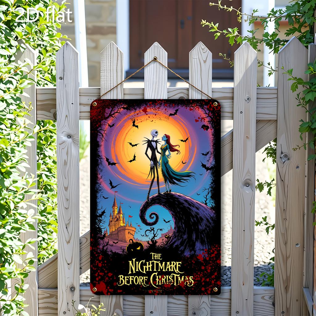 2D Flat, Nightmare Before Christmas Jack Skellington & Sally Metal Wall Art Sign - 20.32x30.48 cm Tim -Inspired Collectible Vint
