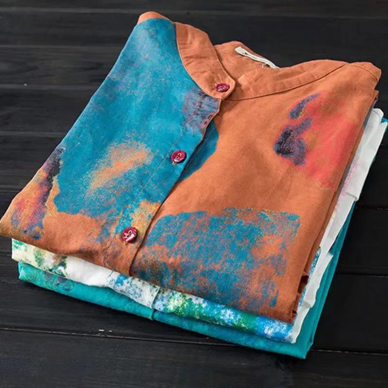 WoMan's Spring and Summer Stand-up Collar Printed Blouse Loose Mid-length Long-sleeved Shirt