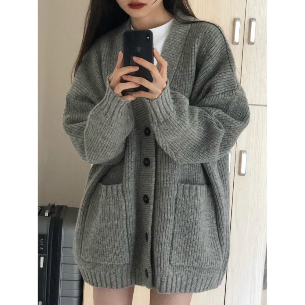 Koreanischer Strickpullover Damen Herbst Winter Oberbekleidung Lockerer Cardigan Mantel Lässige Übergroße Strickjacke
