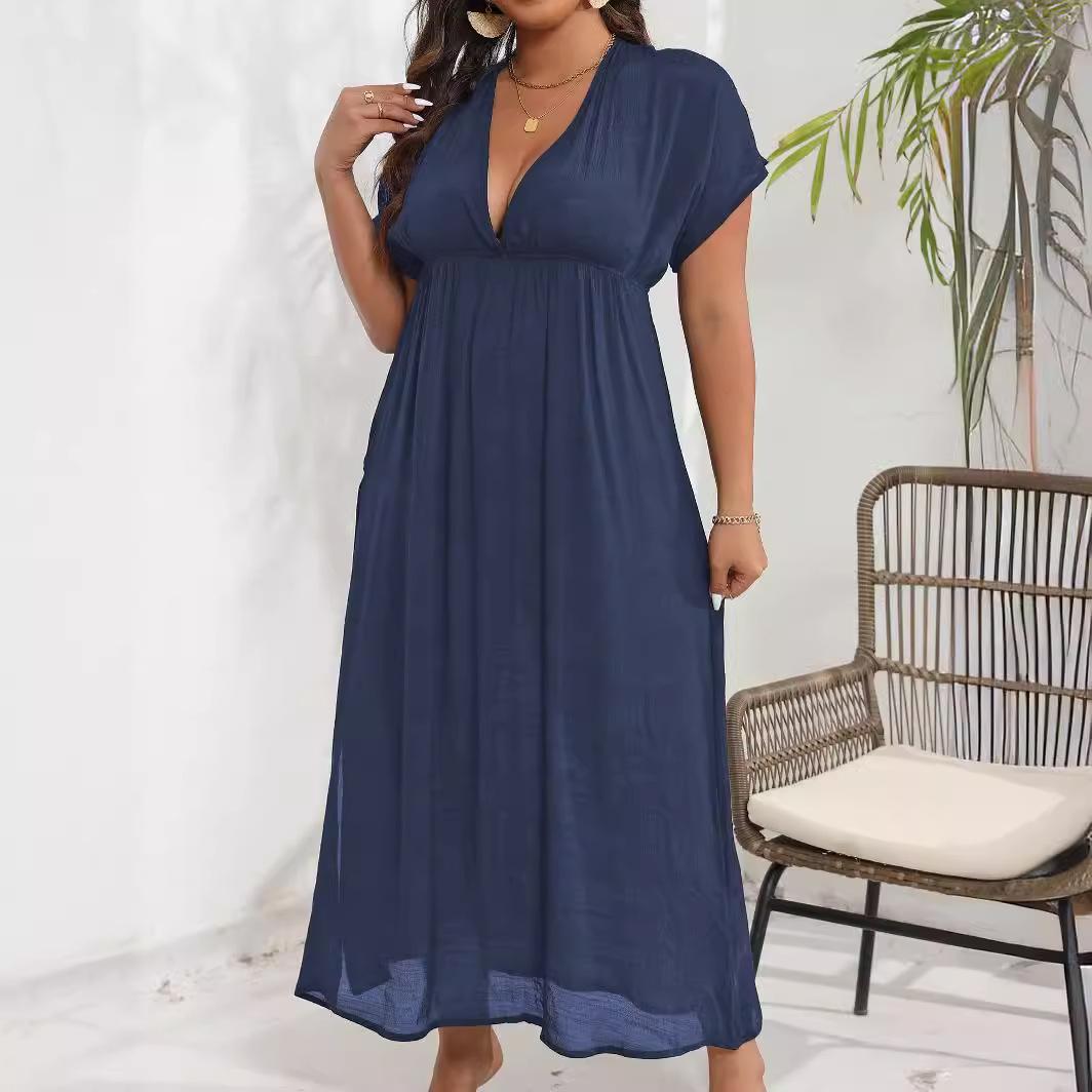 

Однотонное пляжное платье для женщин, летнее длинное платье с глубоким v-образным вырезом и короткими рукавами и разрезом на подоле, повседневное пляжное платье для отдыха, дышащее тонкое платье большого размера 3XL