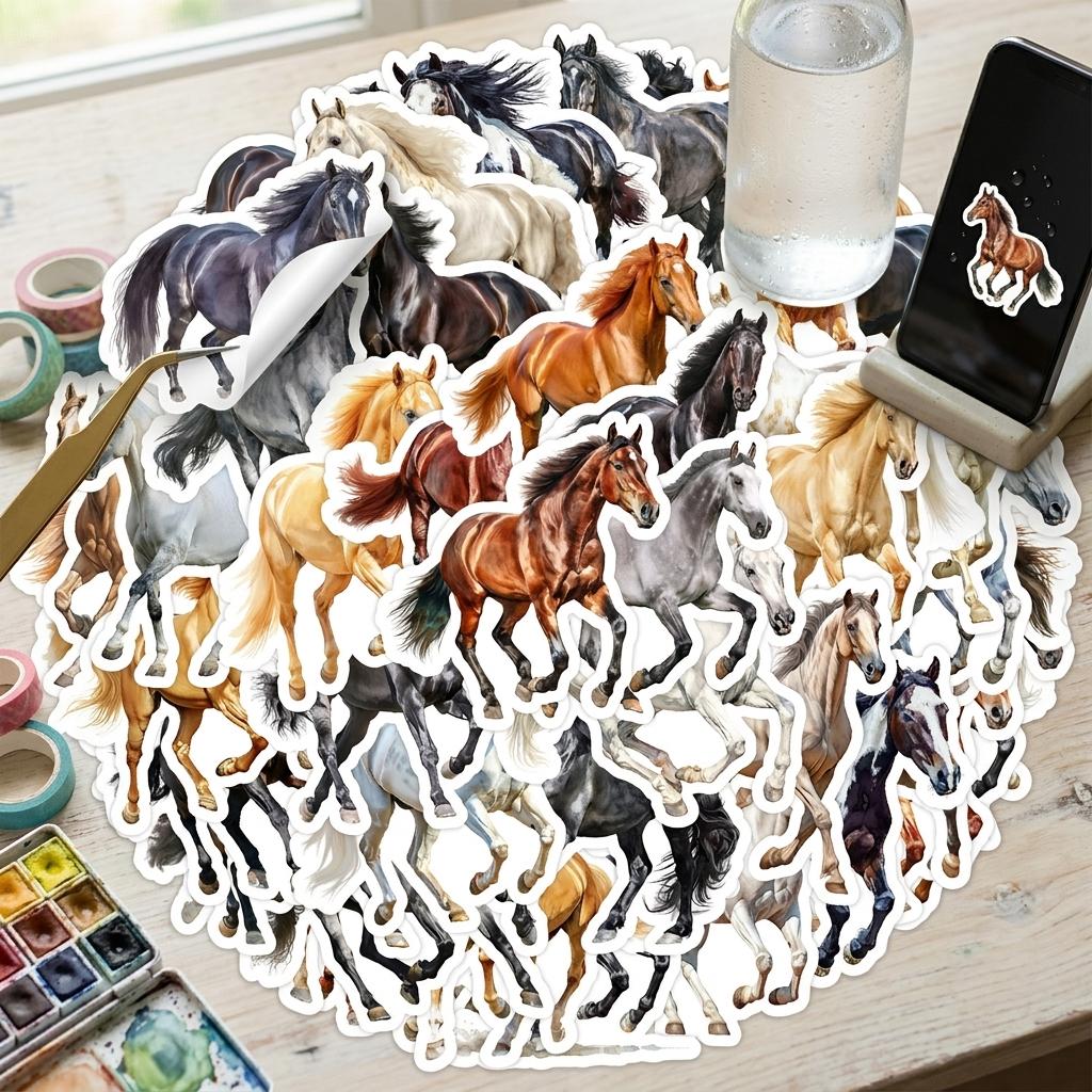 50Pcs Cute Horse Watercolor Stickers Waterproof Decals for Phone Cup Decoration