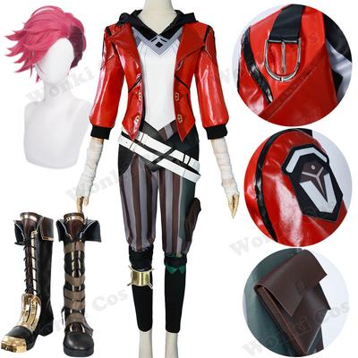 Arcane Vi Kostium Cosplay Peruka Włosy do Anime Siostra Jinx Stroje Cosplay Buty Cosplay Vi Buty Skórzana Kurtka
