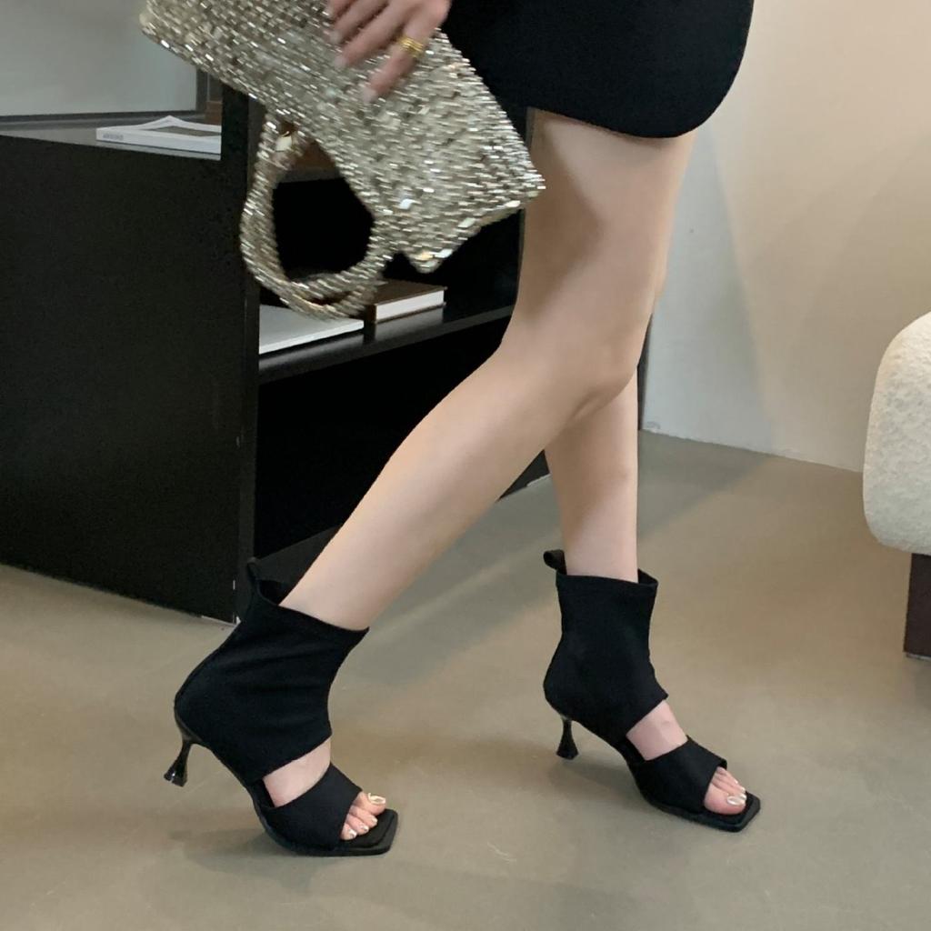 Women's Fashion French-style Ankle Boots Summer Square-toe Thong Elastic Fabric Sandal Boots