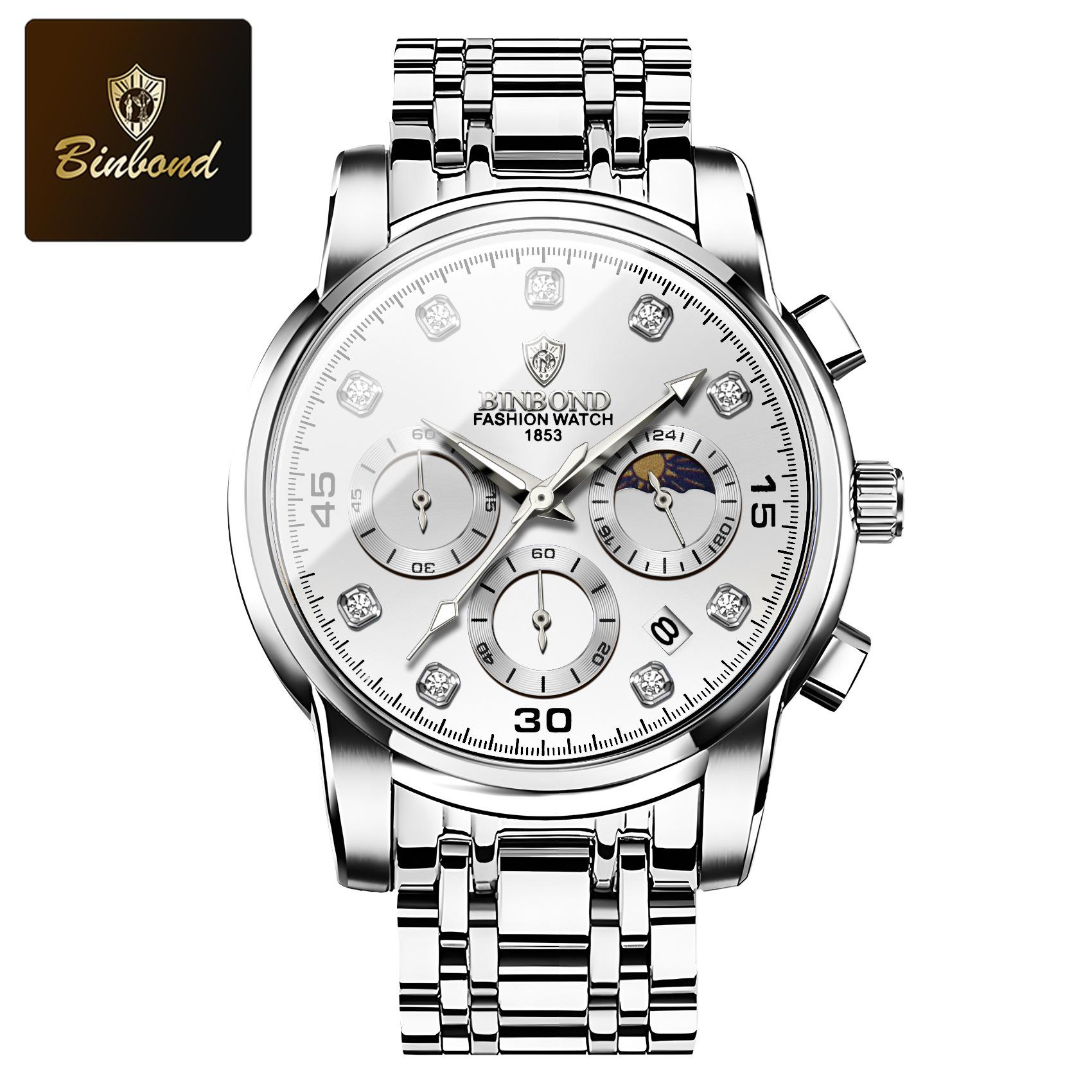 

BINBOND Роскошные кварцевые часы для мужчин, хронограф с фазами Луны, светящиеся, водонепроницаемые, классические деловые мужские наручные часы из нержавеющей стали