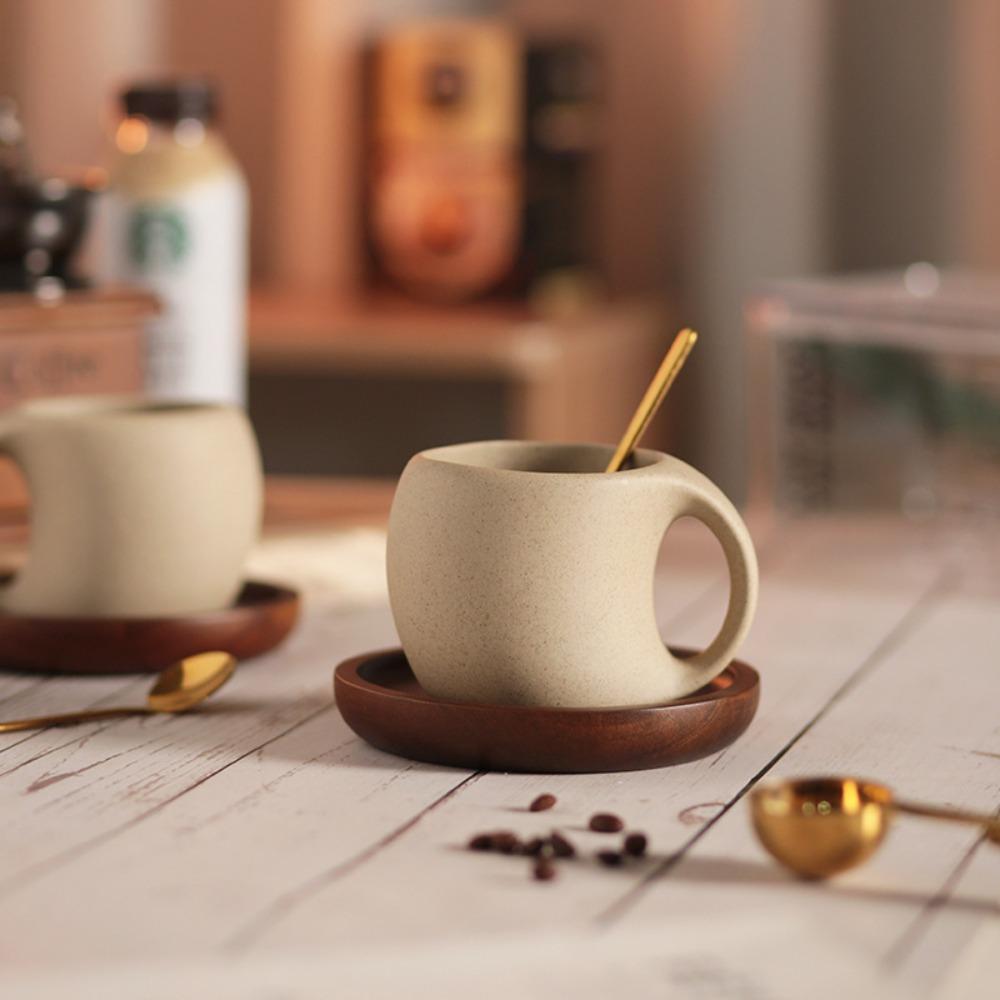 with Wood Saucer Big Belly Latte Cup Rounded Handle Ceramic Tea Cup Minimalist Drink Mug Office