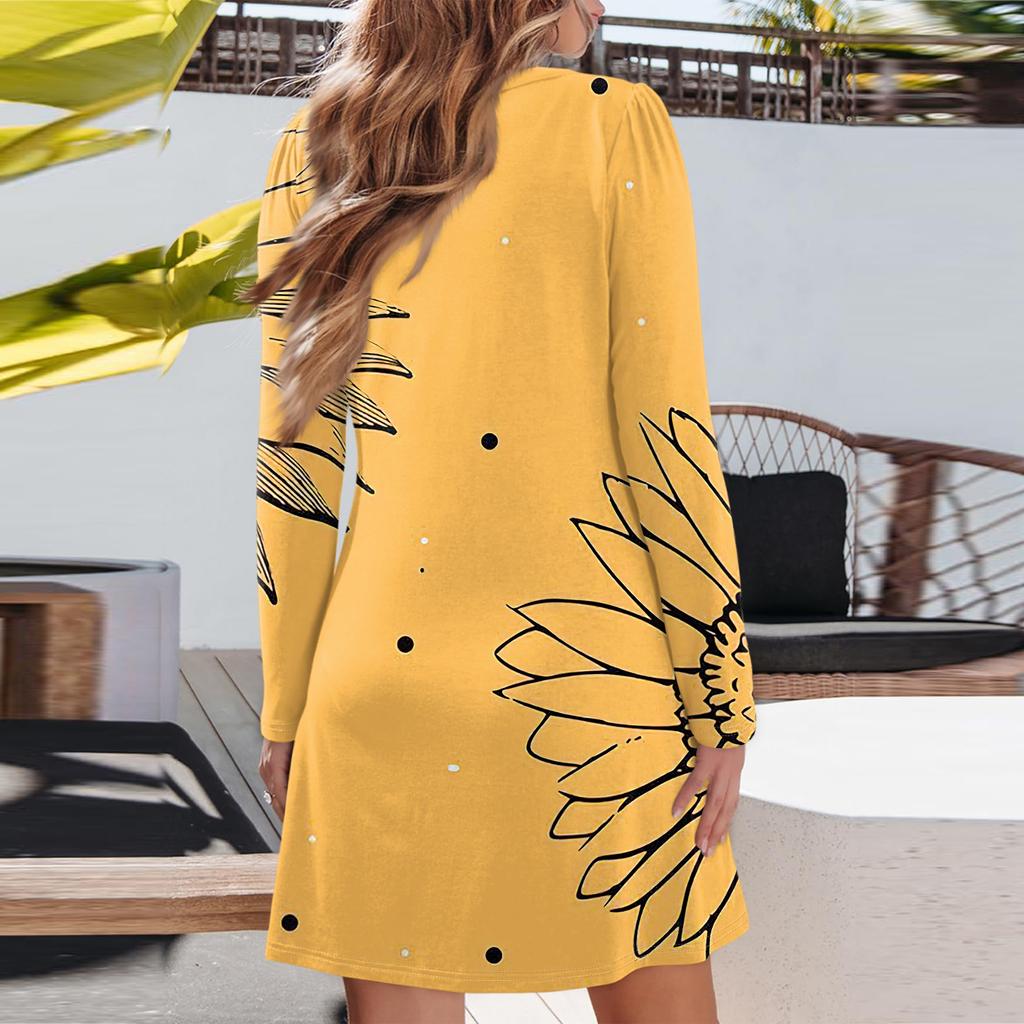 Women's Fashion Floral Print V-Neck Long Sleeve  Dress