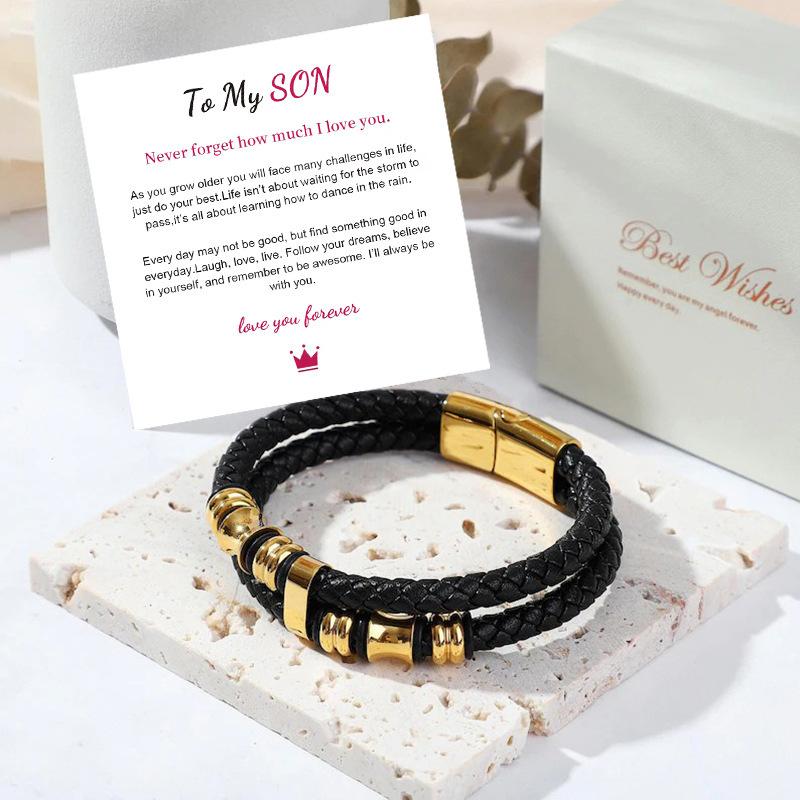 Leather rope bracelet cowhide men's double-layer stainless steel leather woven bracelet handmade multi-layer bracelet