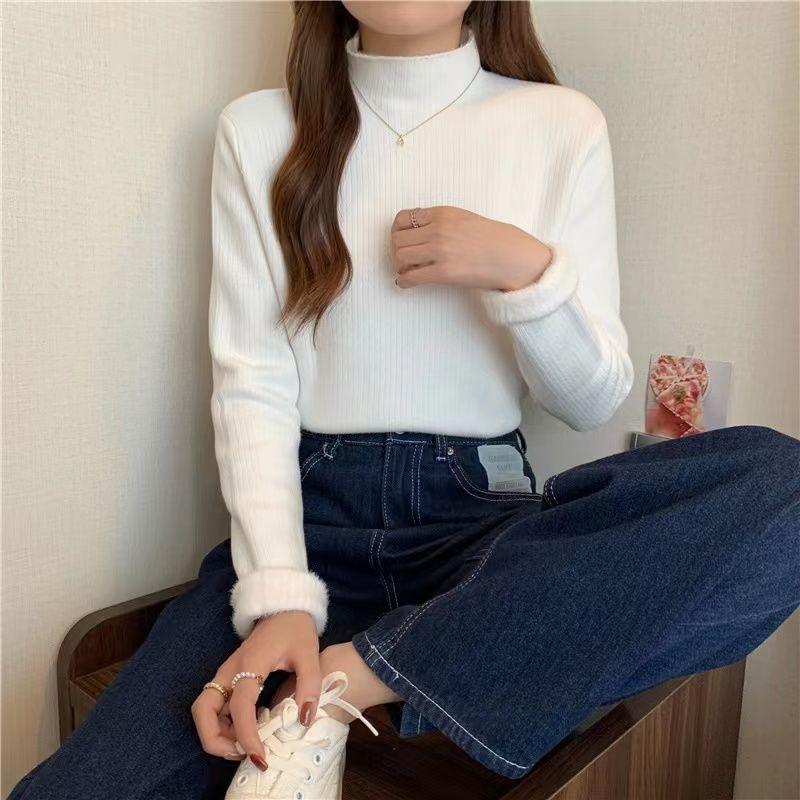 Fleece and Thickened Sweater Top for Women In Winter Semi-high-neck Pullover and Fitted Knitted Sweater Worn Inside
