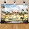 Moroccan Desert 2D Backdrop, Ancient Castle Oasis Camel Photography Background