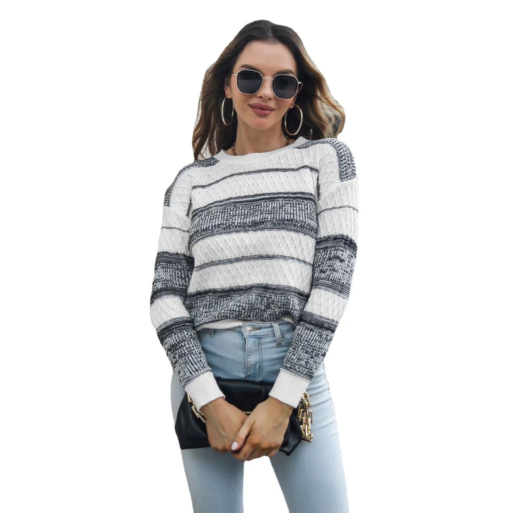 Winter Fall Women Fashion Striped Warm Sweater Loose Slit Knitted Top