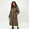 Womens Hooded Mid-Length Puffer Coat With Waist Cinching Rhombus Quilted Design Winter Warm Cotton-Padded Jacket
