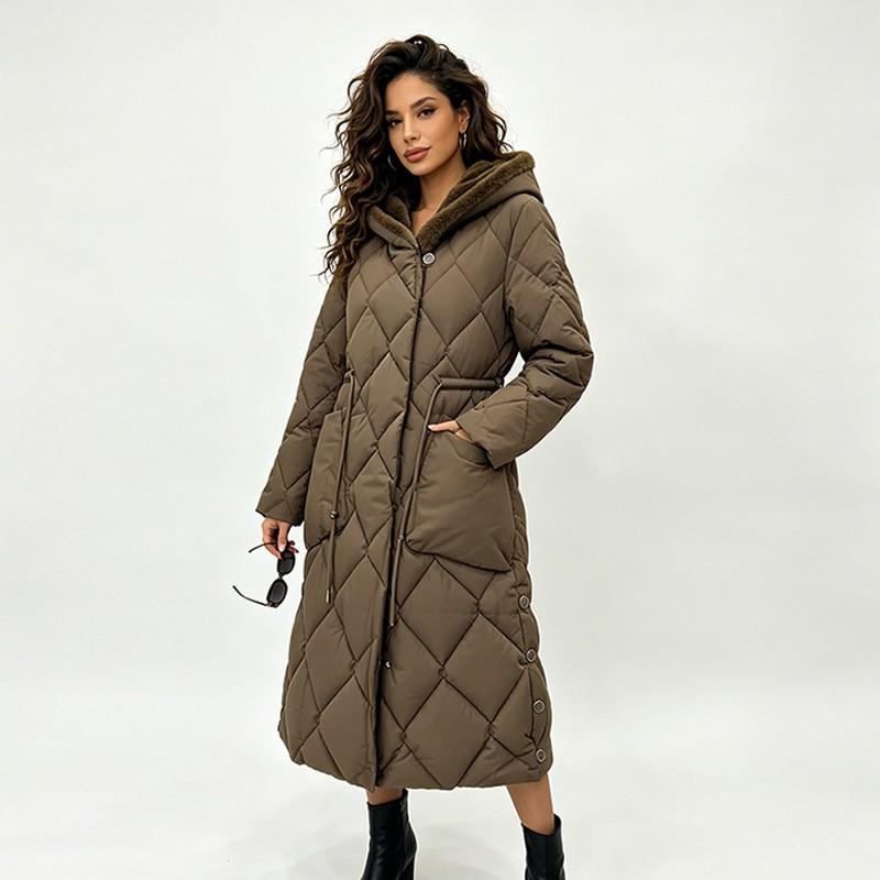 Womens Hooded Mid-Length Puffer Coat With Waist Cinching Rhombus Quilted Design Winter Warm Cotton-Padded Jacket