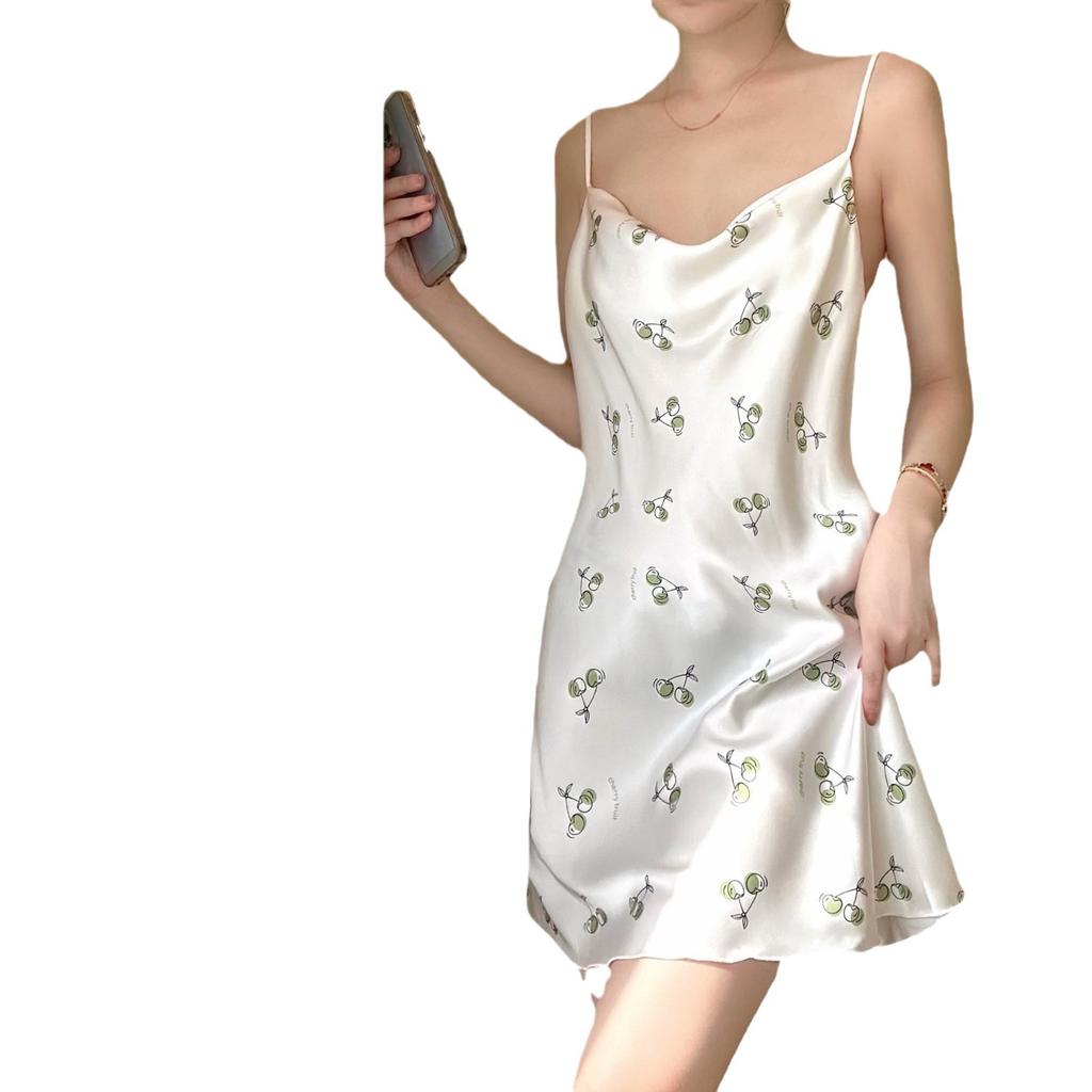 1011 New Sexy Nightdress for Women, Summer Spaghetti Strap Ice Silk Pajamas, INS Print Pure Desire Pajamas