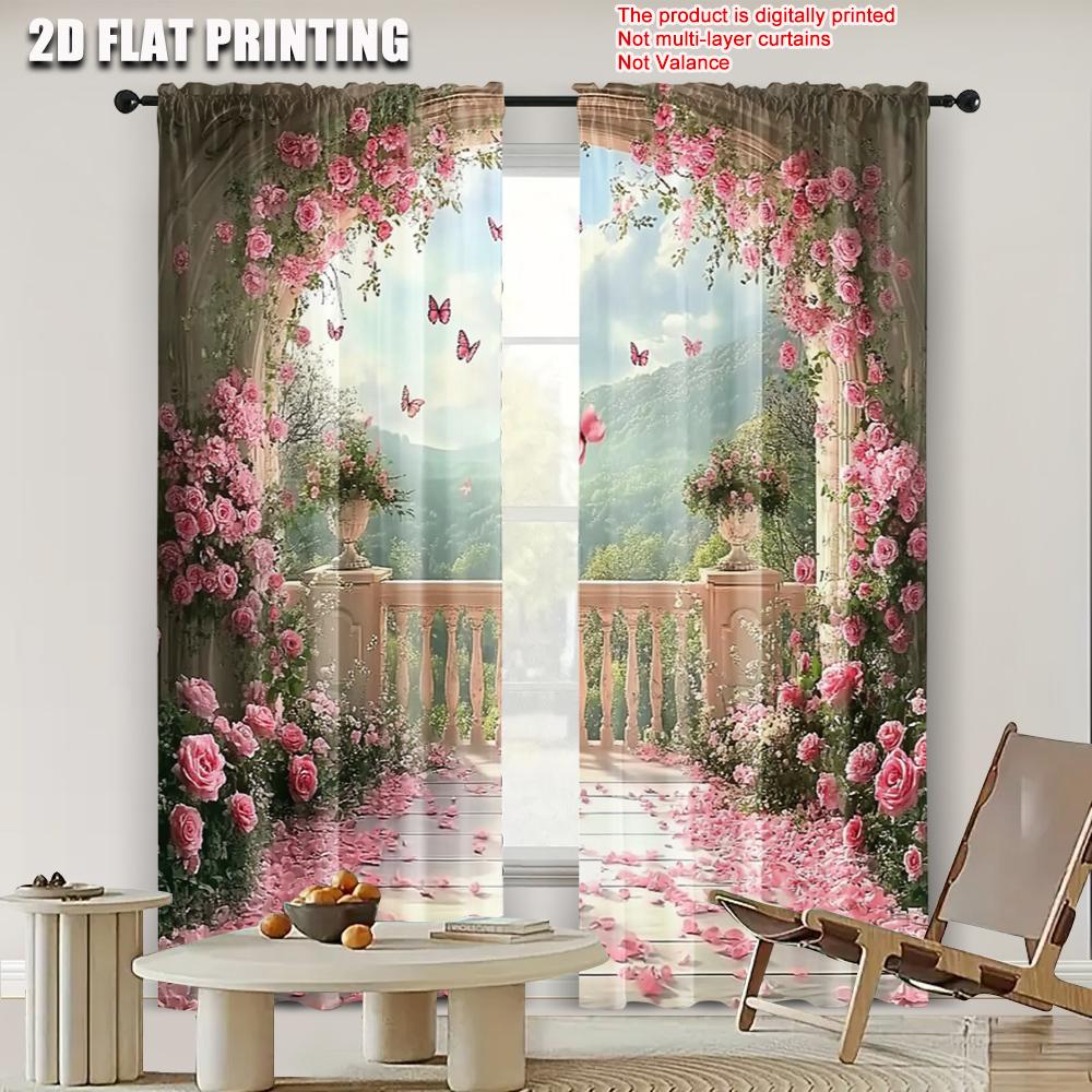 2pcs   spring summer Curtains Roses Balcony Mountain Butterfly View Light Filtering Sheer Curtains Versatile Polyester Fabric
