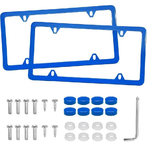 2 PCS Car License Plate Frames, 4 Holes Stainless Steel Auto Tag Holder with Screws Washers Caps, Rustproof Universal Front Rear License Plate Cover
