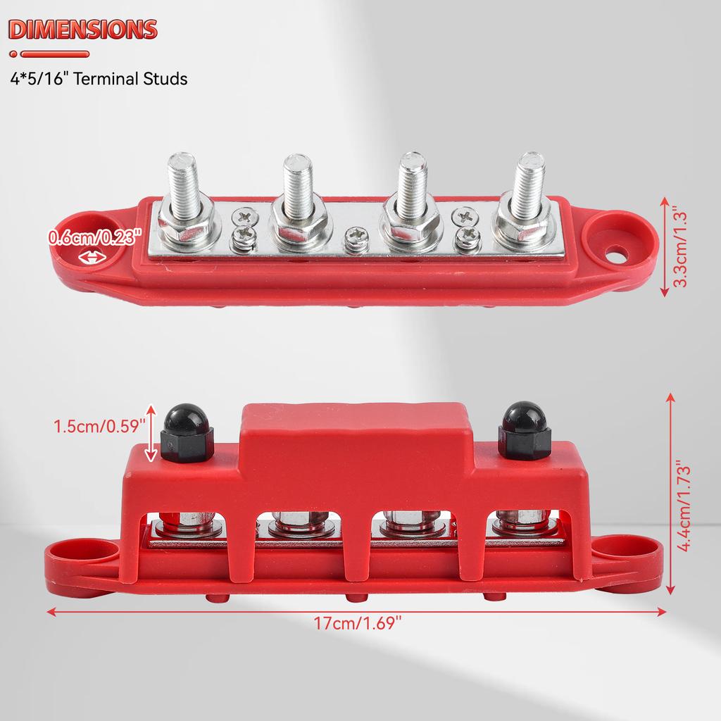 12V Strømfordelingsblokk 250A Samleskinne Koblingsklemme med Deksel M8 4-veis 5/16" Terminalbolter 48VDC 300VAC for Bil Båt Bobil
