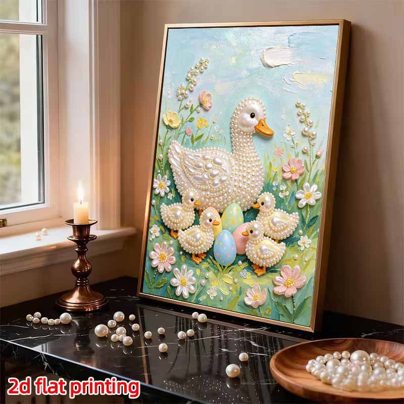 DIY Frameless Pearl Painting Kit Duck Family Eggs 3D Shiny Bead Art Canvas Relaxing Creative Craft for Home Wall Decor Gift