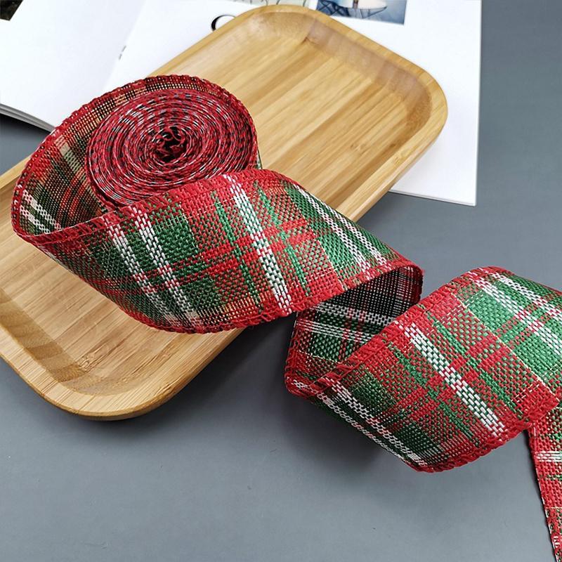 4CM x 6M Linen ribbonsDIY bows for crafts Hemp wire Edge Linen Ribbon christmas decorations green red Plaid Ribbon DD022