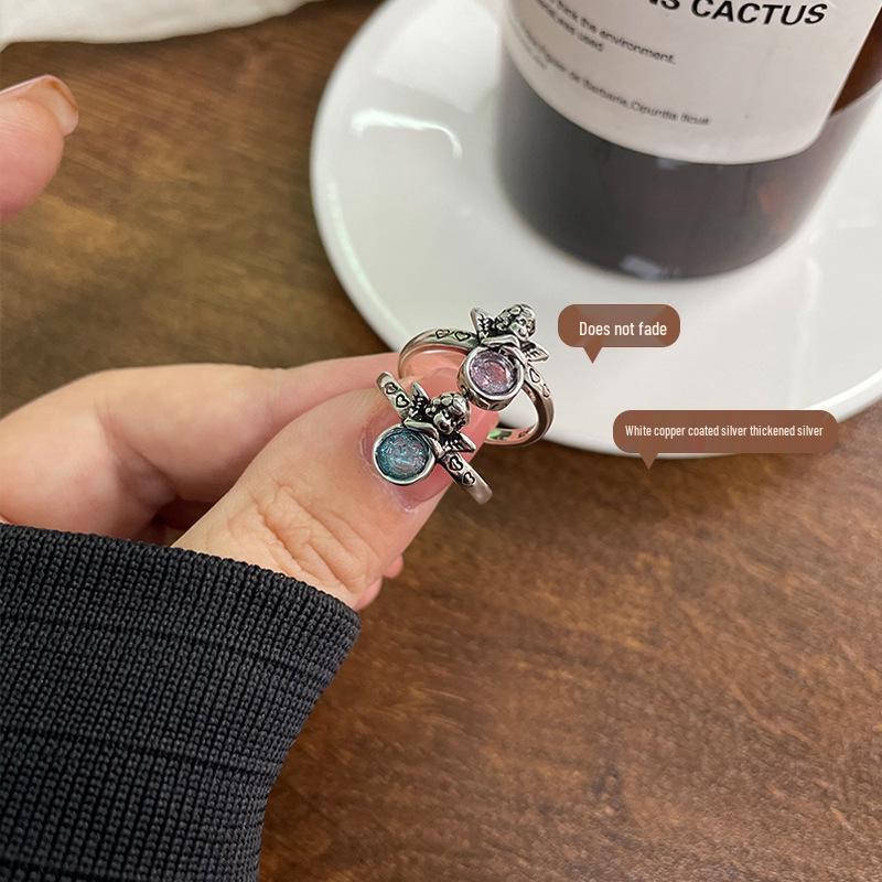 Lan Zhi Women's 925 Sterling Silver Angel Wings Open Ring - Niche Retro Design, Tarnish-Resistant.