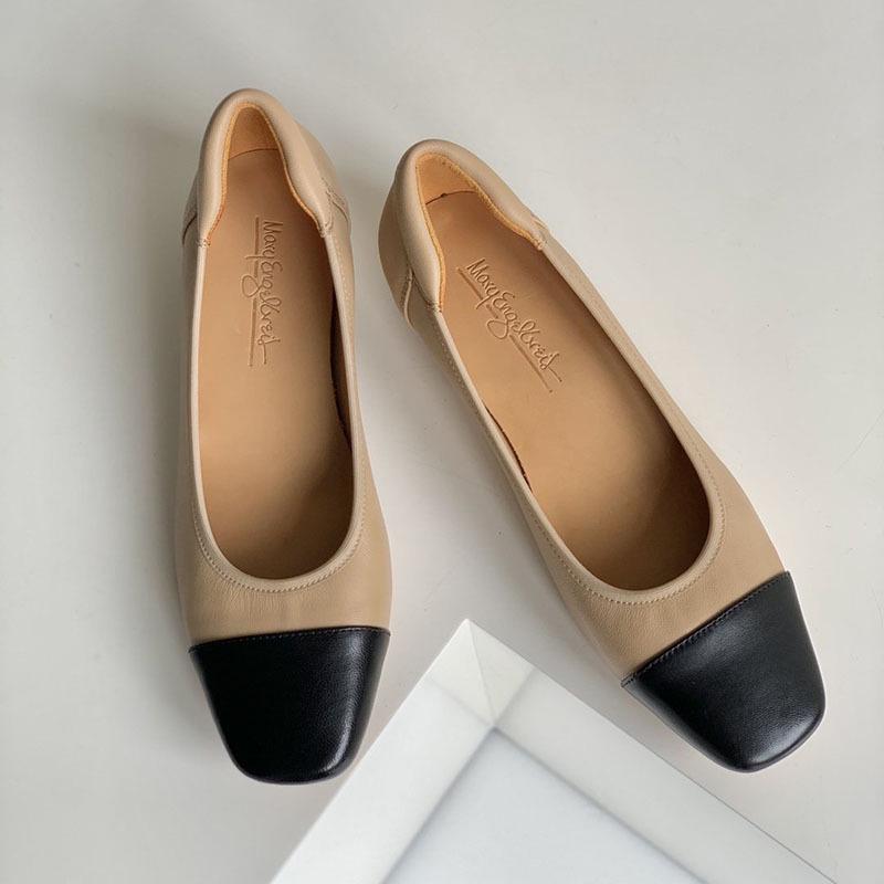 Luxuriöse Handgefertigte Damen-Flats aus Echtem Lammleder - Farbblock-Design mit Quadratischer Spitze und Mittlerem Klobigen Absatz