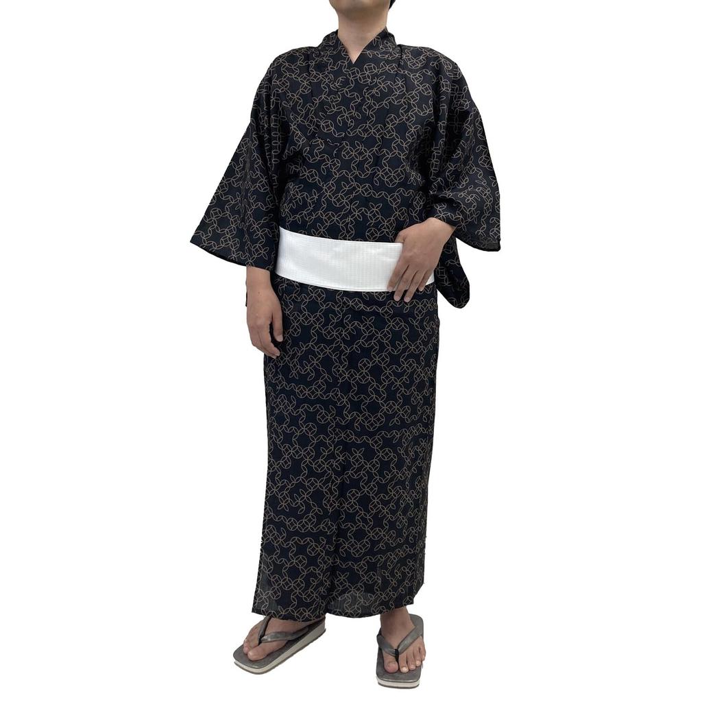 Kyoto Kimono Yuzen Men's Yukata Set (2 Pieces) - Cotton, Square Obi, Men's Kimono, Waterfall Shippo Pattern, Black (Black, M)
