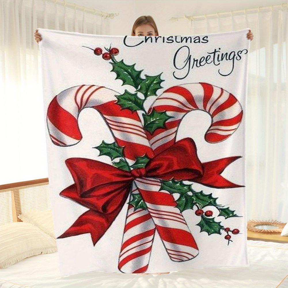 Christmas Candy Cane & Holly Digital Print Flannel Fleece Throw Blanket, White, All-Season, Contemporary Style, Multi-Purpose, Machine Washable, 250-3