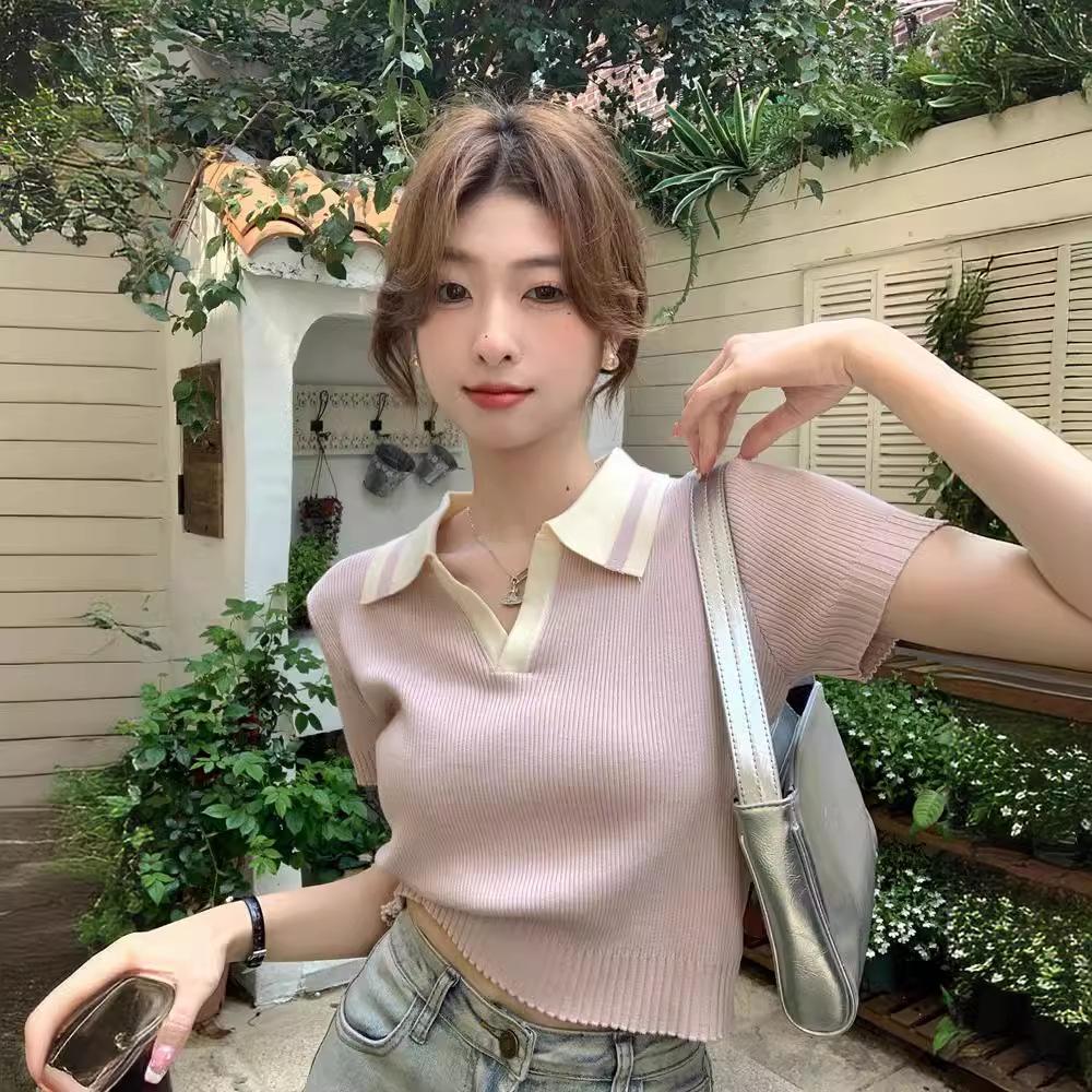 Summer New Design Polo Neck Ice Silk Knitted Shirt Slim Sleeve Short Sleeve T-Shirt Women's Short Top