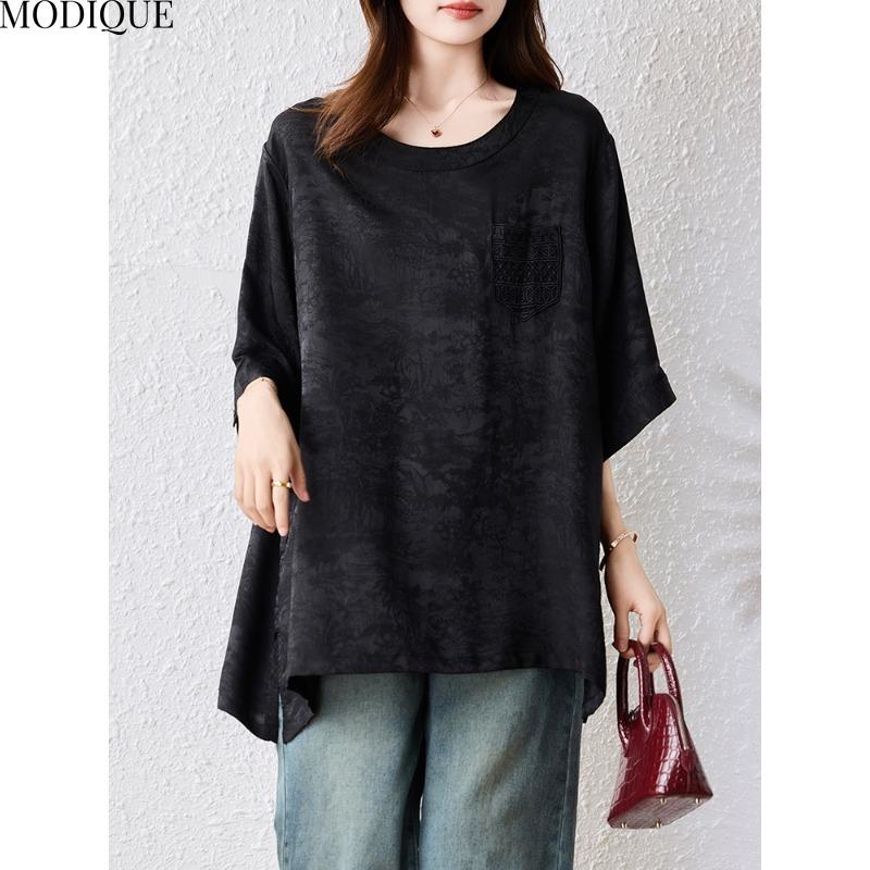 MODIQUE Spring Summer Plus Size New Women Black Loose Vintage Solid Blouse Shirts Female Casual Oversize Short Sleeve O-Neck Top
