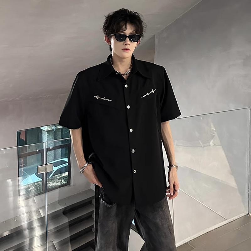 

Мужская свободная рубашка с коротким рукавом, на пуговицах, со звездными заклепками, повседневная уличная одежда, топ S чёрный
